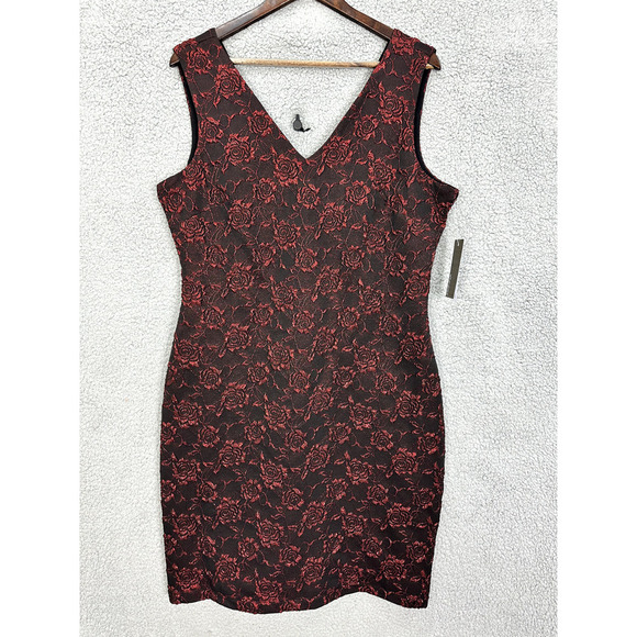 Donna Ricco Sheath Dress Black Red Floral 3D Rose Dark Feminine Romantic Size 14 - Picture 1 of 8